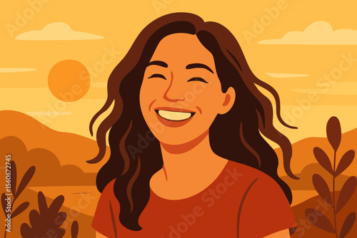 Happy woman smiling outdoors at sunset. Portrait of a joyful girl enjoying nature. Concept of mental health, wellness, freedom, and self-care. Modern flat vector illustration.