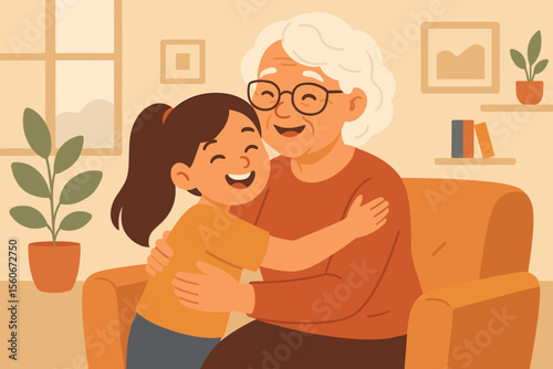 Grandmother and granddaughter hugging on a sofa in a cozy living room. Happy family love concept. Senior woman and cute little girl embracing. Intergenerational bond and care. Vector.