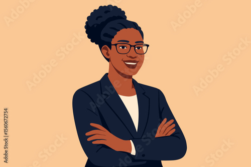 Portrait of a successful African American businesswoman. Confident Black female professional in a suit with arms crossed. Smiling entrepreneur character. Modern flat vector illustration.