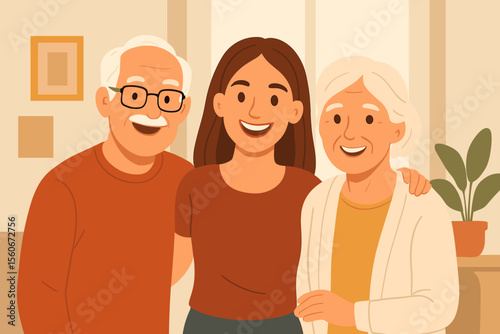 Smiling adult daughter embracing her happy senior parents at home. Family portrait concept of love, care, and togetherness across generations. Modern flat vector illustration.