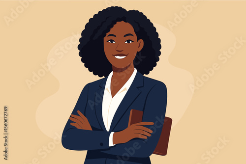 African American business woman portrait illustration. Confident black female professional smiling with arms crossed. Successful corporate leader or manager. Modern flat vector.