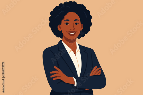 Portrait of a successful African American business woman with arms crossed. Confident black female professional in a suit. Female leadership, empowerment, and career concept. Vector.