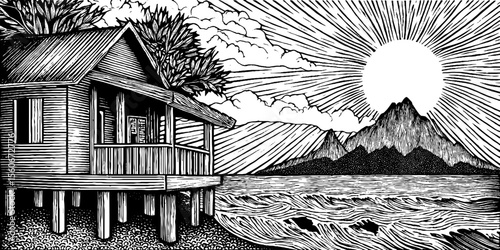 Vintage grassy hut on stilts by bay with sunburst over mountains, black and white hand drawn scene