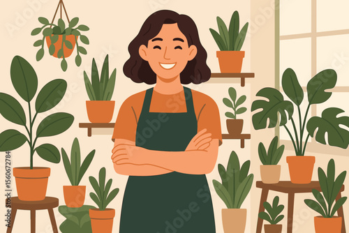 Happy small business owner in her plant shop. Smiling female entrepreneur florist standing with arms crossed in store with houseplants. Modern flat vector cartoon illustration.