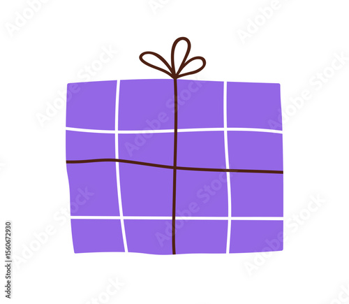 Gift box, holiday present in checkered paper wrapping. Birthday surprise wrap...