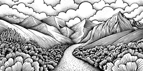 Vintage mountain pass scene with gravel pathway and clouds in black and white design for print