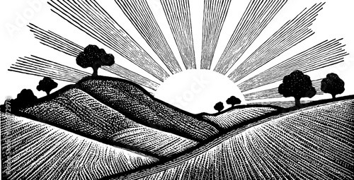 Vintage hillside trail scene with sunburst and trees - engraving style