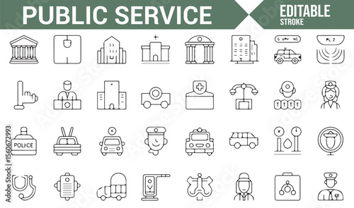 Set of icons illustrating healthcare, emergency services, and government institutions for public sector use.