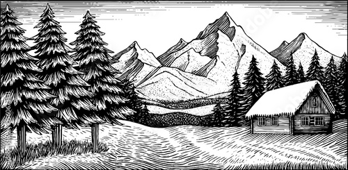 Winter cabin scene with snow-covered roof in mountain landscape - black and white illustration