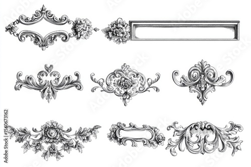 Nine ornate decorative elements in black and white.  Intricate designs of scrolls, flowers, leaves, and frames.  Classic, elegant style.  Likely for use in print or graphic design