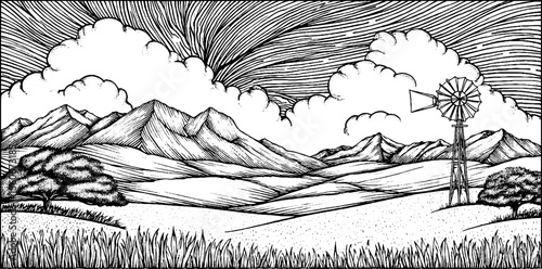 Tranquil windmill on open plain with mountains and clouds in black and white illustration