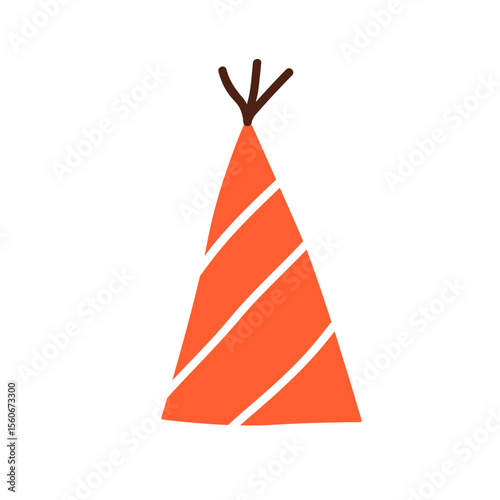 Birthday hat, party cap. Pointed cone-shaped headwear, festive accessory for celebration. Funny holiday decoration, striped paper head wear. Flat vector illustration isolated on white background