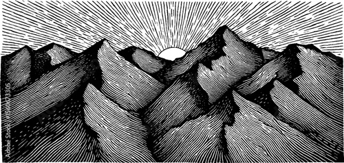Dramatic mountain slope with landslide scars and radiant sunburst