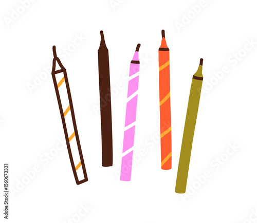 Candle sticks, festive decoration. Tall long thin wax decor, decorative birthday party light accessories for holiday celebration, doodle style. Flat vector illustration isolated on white background