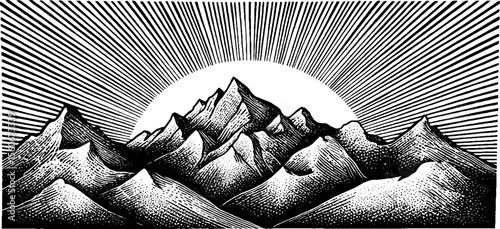 Symmetrical mountain landscape with angular shapes and radiant sunburst design