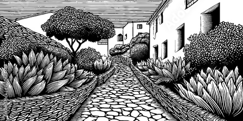 Narrow cobblestone alley black and white engraving with architectural charm for retro design