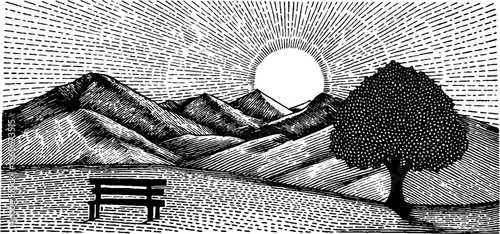 Tranquil scene of old man resting on wooden bench under tree with mountain view at sunset