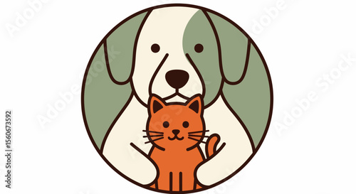 Stylized Dog and Cat Illustration, Embracing Each Other, Circle Design.
