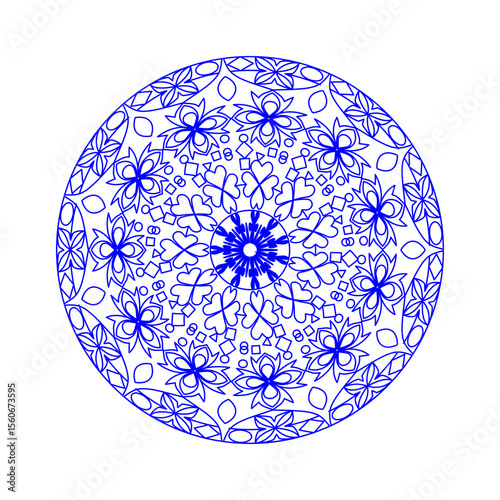 A serene and elegant mandala design presented as a delicate blue outline on a white background. 