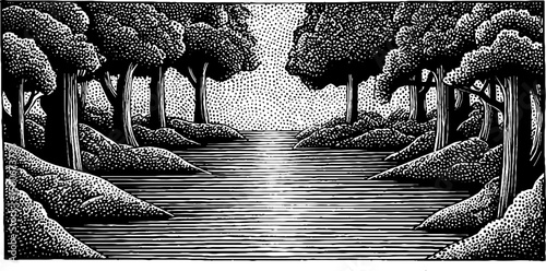Vintage lagoon illustration with serene quietude and tranquil scenery – ideal for posters or cards