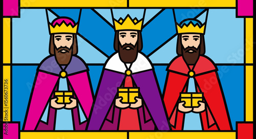 Three Wise Men with Crowns and Gifts in Stained Glass Style