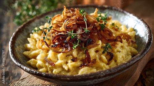 Delicious käsespätzle with crispy fried onions and fresh thyme, ready to enjoy.