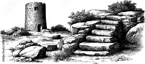 Abandoned tower and crumbled staircase in vintage hand-drawn illustration for retro designs