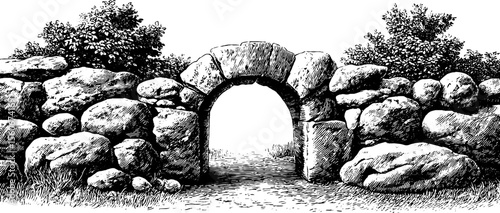 Rustic ancient gate with cracked keystone in historical garden setting - design for posters and cards