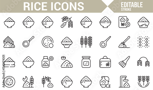 Minimalist rice symbols, from grains to cooking utensils, for food-related design projects.