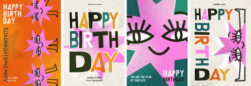 Colorful birthday card collection featuring playful, abstract illustrations and bold typography. Posters with vibrant and modern designs.