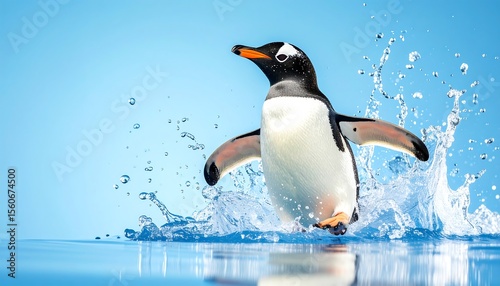 High-quality a pinguin fell in splash water on Reflective Water Surface with soft pastel colour background 