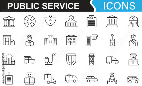 Set of icons for public institutions, emergency services, and government buildings.