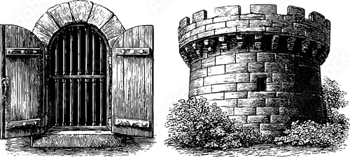Vintage architectural sketch of barricaded tower and iron shutter for historical design