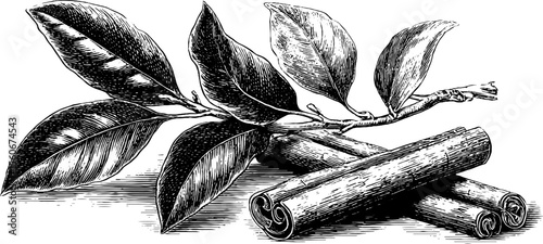 Vintage bay leaf and cinnamon stick hand drawn illustration for design projects