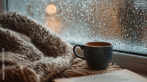 A rainy day scene with raindrops on a window, a cup of coffee beside a wool blanket and novel, introspective mood, real photo, stock photography
