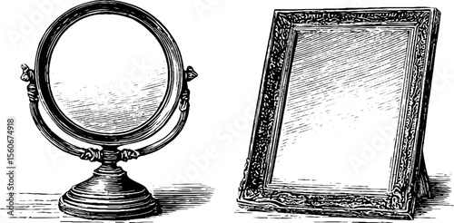 Vintage bonnet and ornate wooden mirror frame sketch for retro decor design