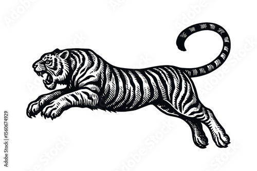 Tiger leaping engraving style black on white vector illustration


