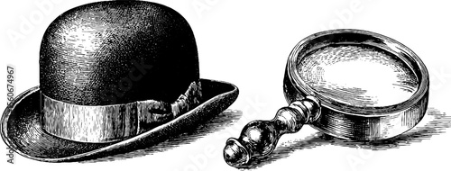 Vintage bowler hat and monocle sketch for retro design and decoration