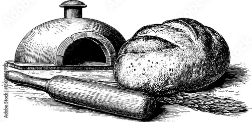 Vintage bread paddle and clay oven scene - hand drawn retro culinary art for kitchen decor