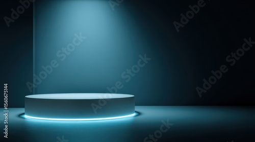 Stunning photo of background podium 3D light neon blue platform stage product abstract. Scene background 3D podium dark pedestal room glow studio empty stand floor night modern.