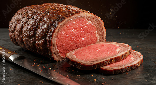 Rare prime rib with bold red interior, crispy crust and a knife resting nearby, meat visibly soft and tender