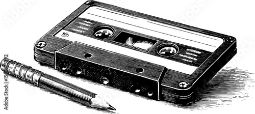 Vintage cassette tape and pencil illustration for retro design