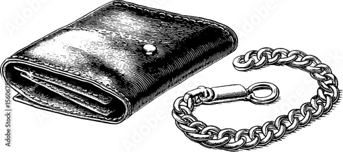 Vintage chain wallet and belt loop hook set sketch for retro design