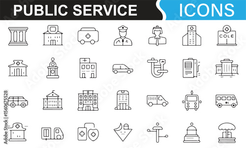A set of public service-related icons, including symbols for government buildings, police, emergency services, and other public sector professions.