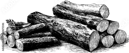 Vintage hand drawn illustration of charcoal sticks and firewood stack for rustic decor