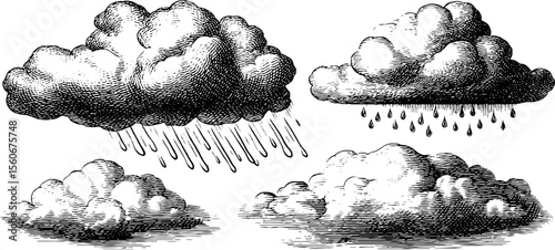 Vintage cloud sketch set with drizzle dots for weather illustrations and design projects