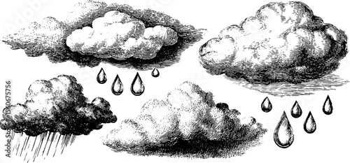 Vintage cloud sketches with raindrops for artistic design projects