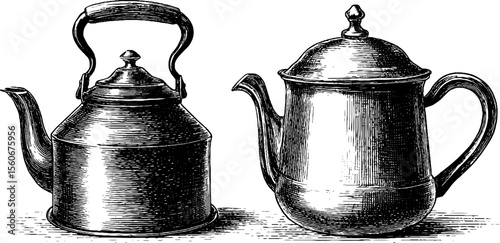 Vintage copper kettle and fire hook set for retro kitchen design