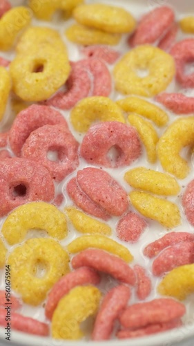 Dry Breakfast cereal rings with milk, close up rotation. Traditional health breakfast for family