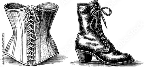 Vintage corset and lace up boot engraving - retro fashion design for cards and posters